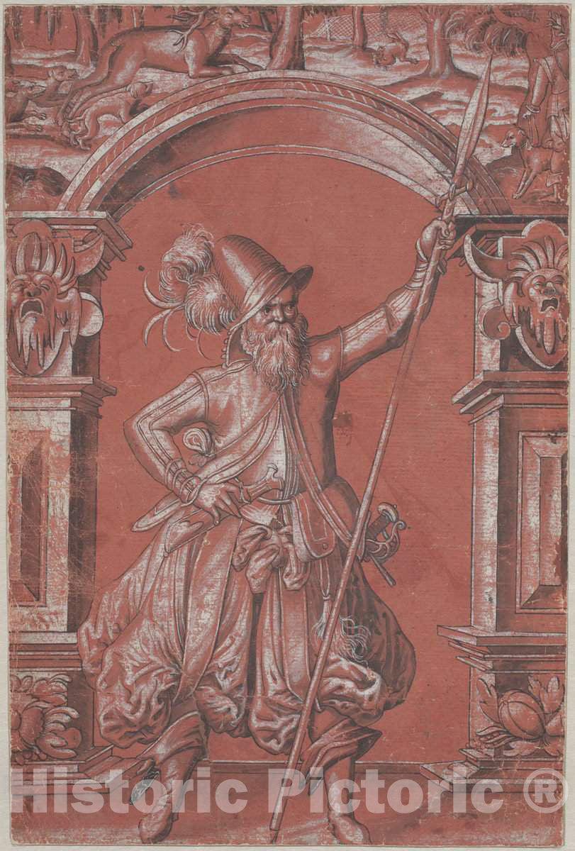 Art Print : Abraham Bickhart, A Swiss Guard Before an Ornamental Arch (Recto), 1568 - Vintage Wall Art