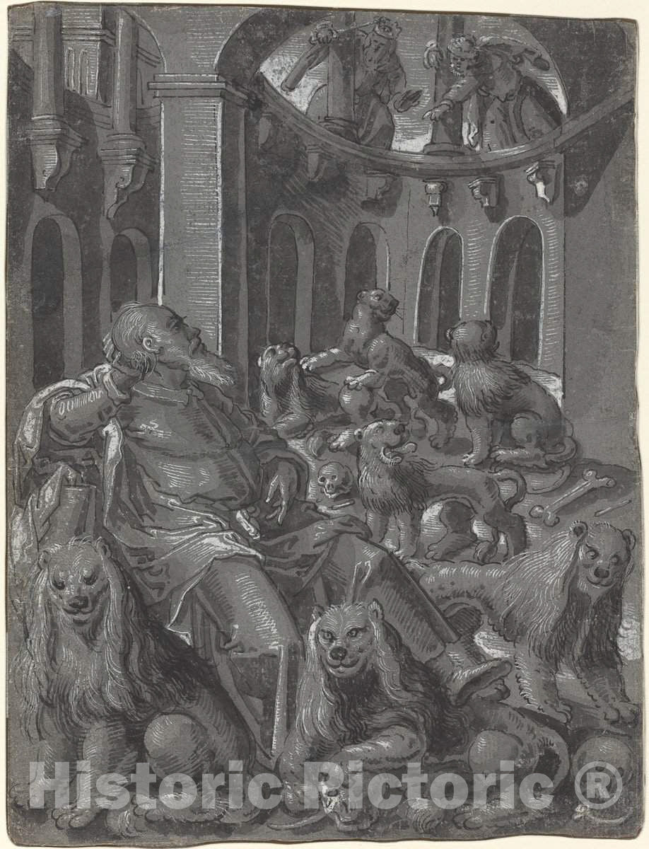 Art Print : Daniel in The Lions' Den [Recto], c. 1600 - Vintage Wall Art