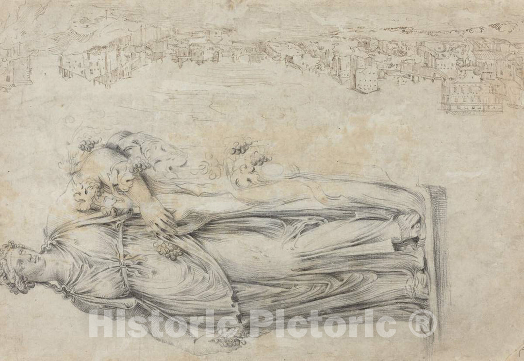 Art Print : Ã‰tienne DupÃ©rac, View of The Tiber; Copy of a Roman Sculpture of a Bacchante [Verso], c.1559 - Vintage Wall Art