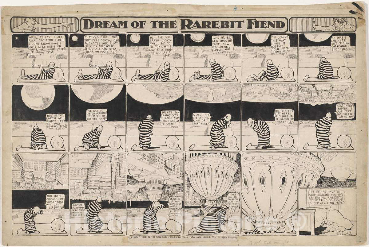 Art Print : Winsor McCay, Dream of The Rarebit Fiend: Here Comes Washington, 1908 - Vintage Wall Art