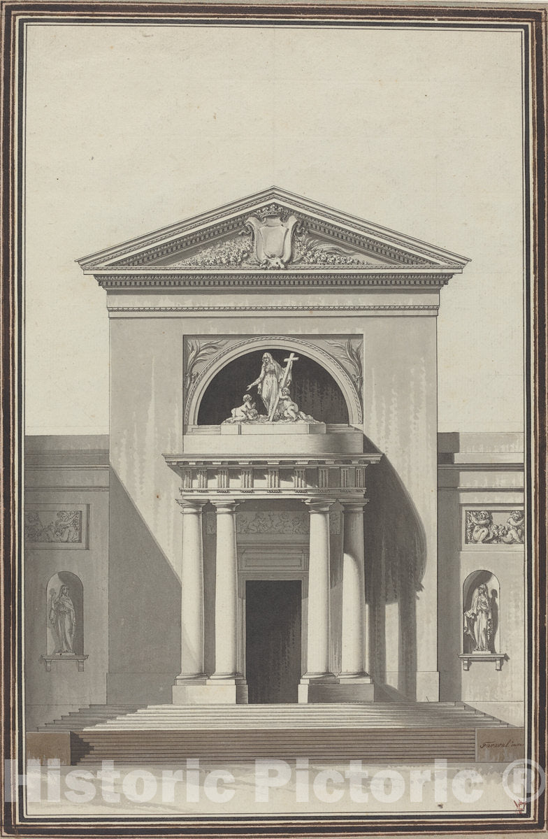 Art Print : Louis Gustave Taraval, Facade for a Church with a Sculpture Representing Faith, c. 1768 - Vintage Wall Art