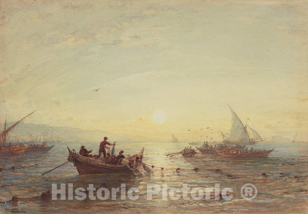 Art Print : FÃ©lix Ziem, Tuna Fishing at Sunrise Off The Coast Near Marseilles, 1860s - Vintage Wall Art