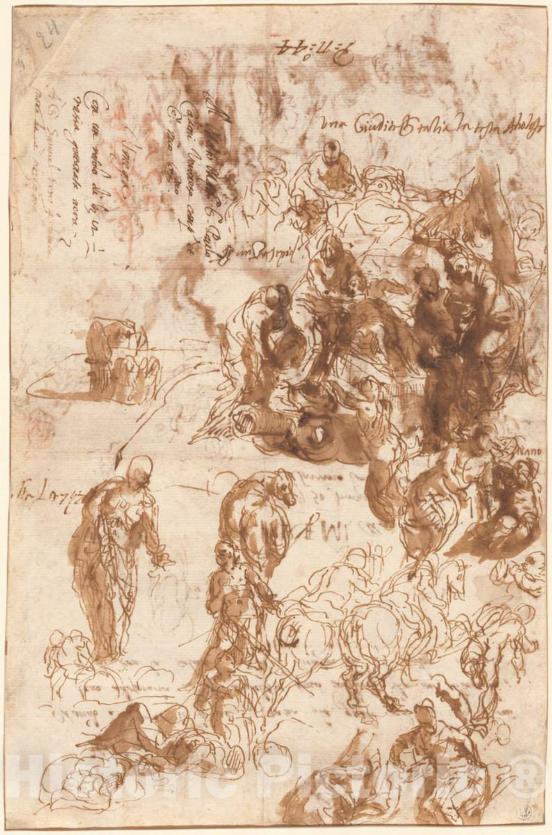 Art Print : Veronese, Studies for Judith and Holofernes, David and Goliath, The Finding of Moses, and Others [Recto], c. 1582 - Vintage Wall Art