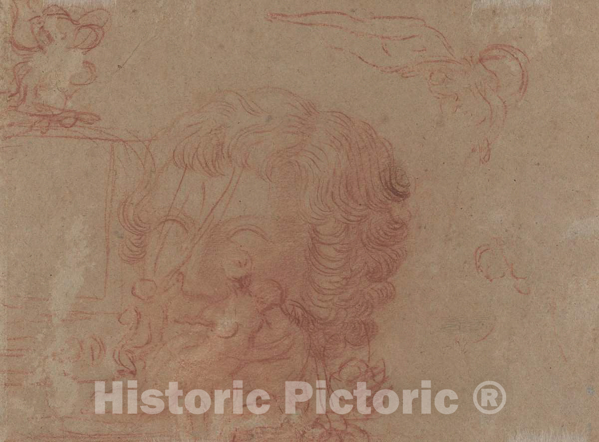 Art Print : Antoine Watteau, Figure Sketches and a Copy After a Sculpted Head [Verso], c.1716 - Vintage Wall Art