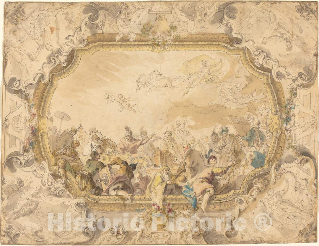 Art Print : Anton Kern, A Ceiling with Apollo Presiding Over Military and Historical Learning, 1740s - Vintage Wall Art