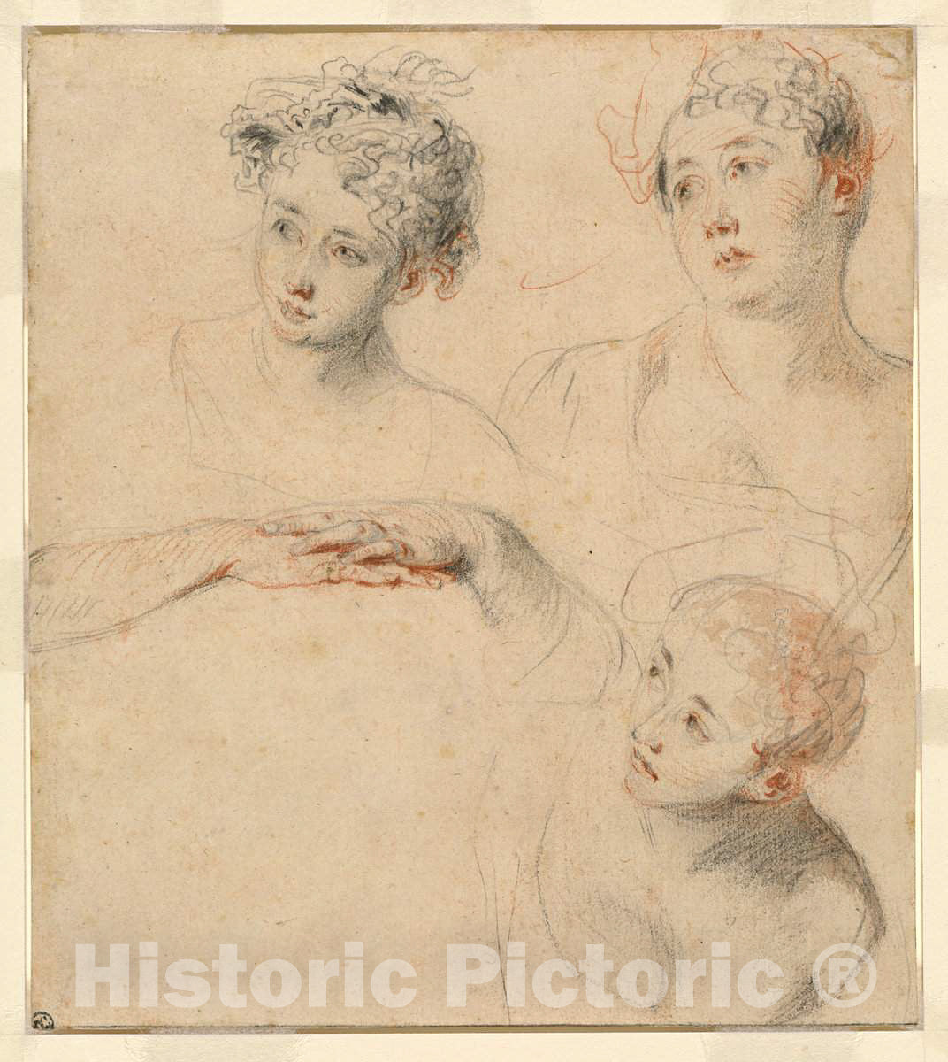 Art Print : Antoine Watteau, Three Studies of a Woman's Head and a Study of Hands [Recto], c.1719 - Vintage Wall Art