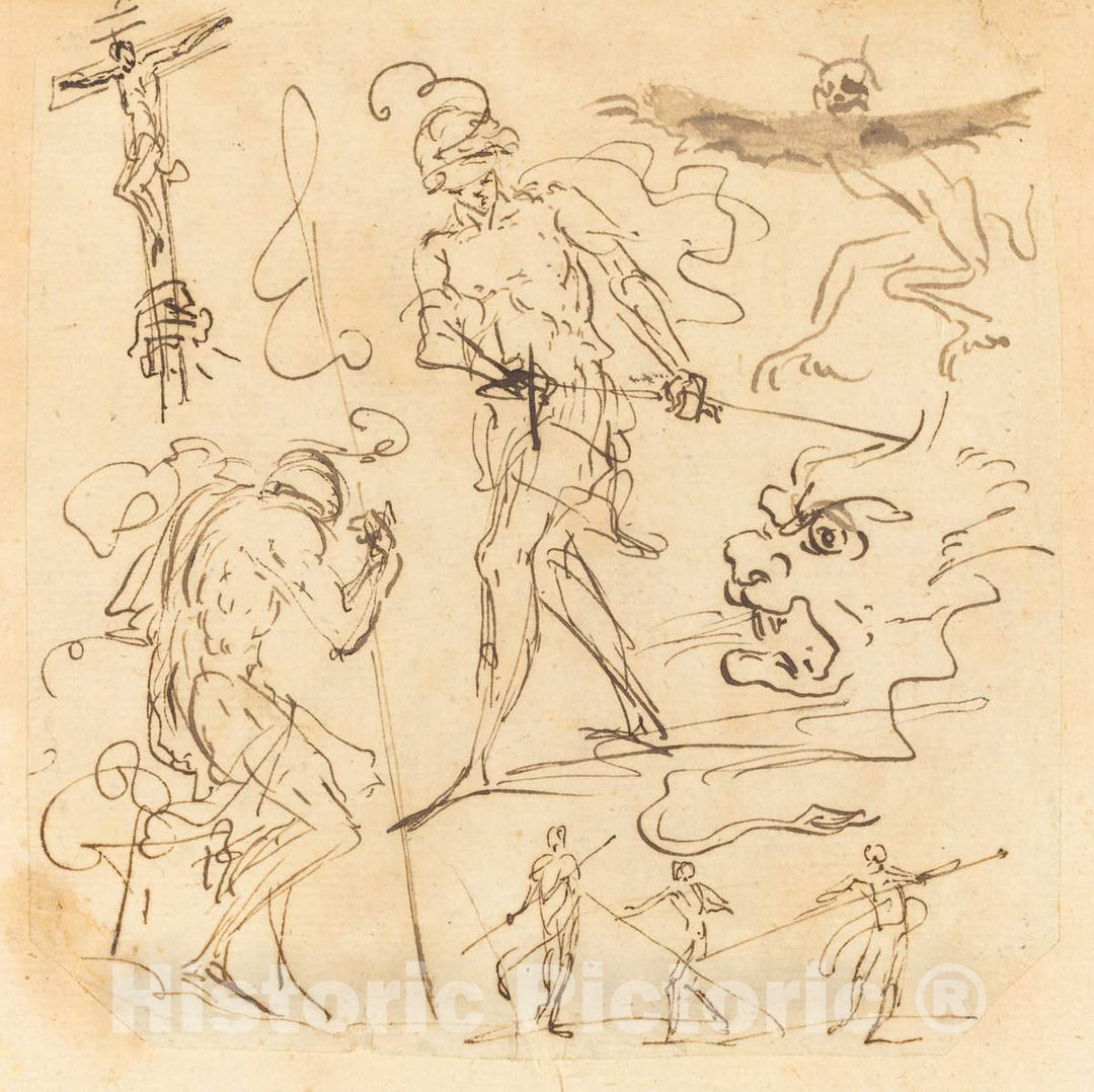 Art Print : Sheet of Studies with a Soldier Drawing a Sword, a Crucifix, Monstrous Animals, and Other Figures - Vintage Wall Art