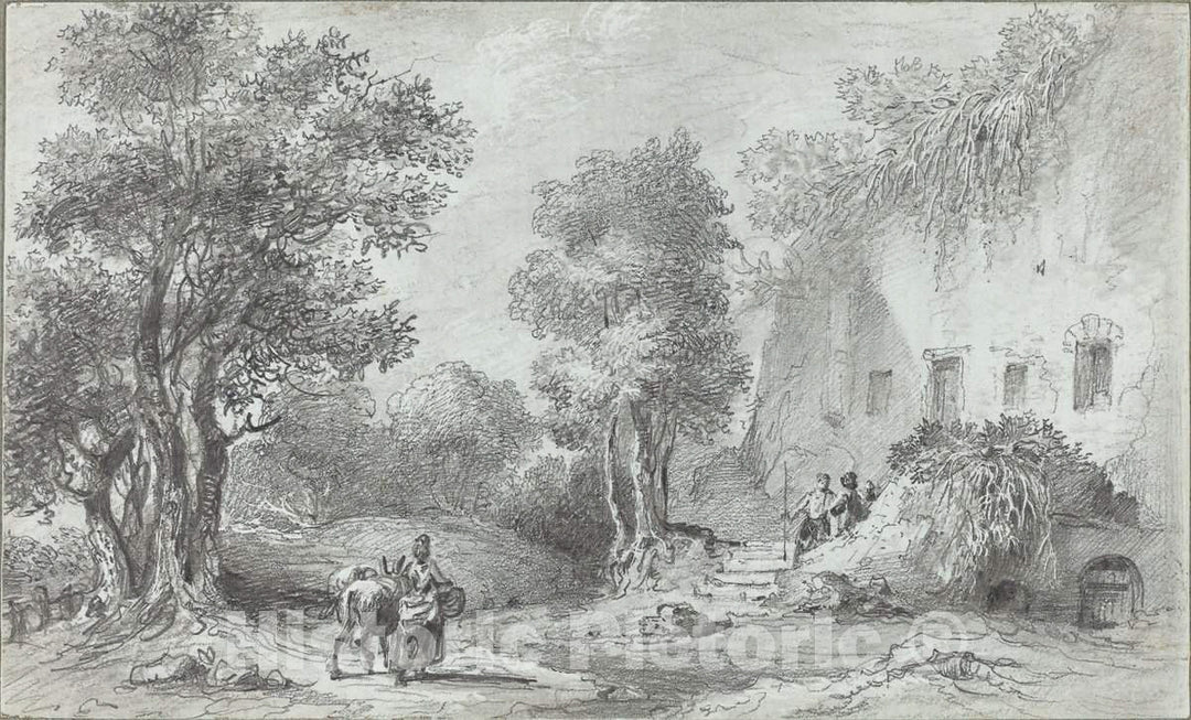 Art Print : Aignan-Thomas Desfriches, Landscape with Peasants Before an Inn, 1768 - Vintage Wall Art