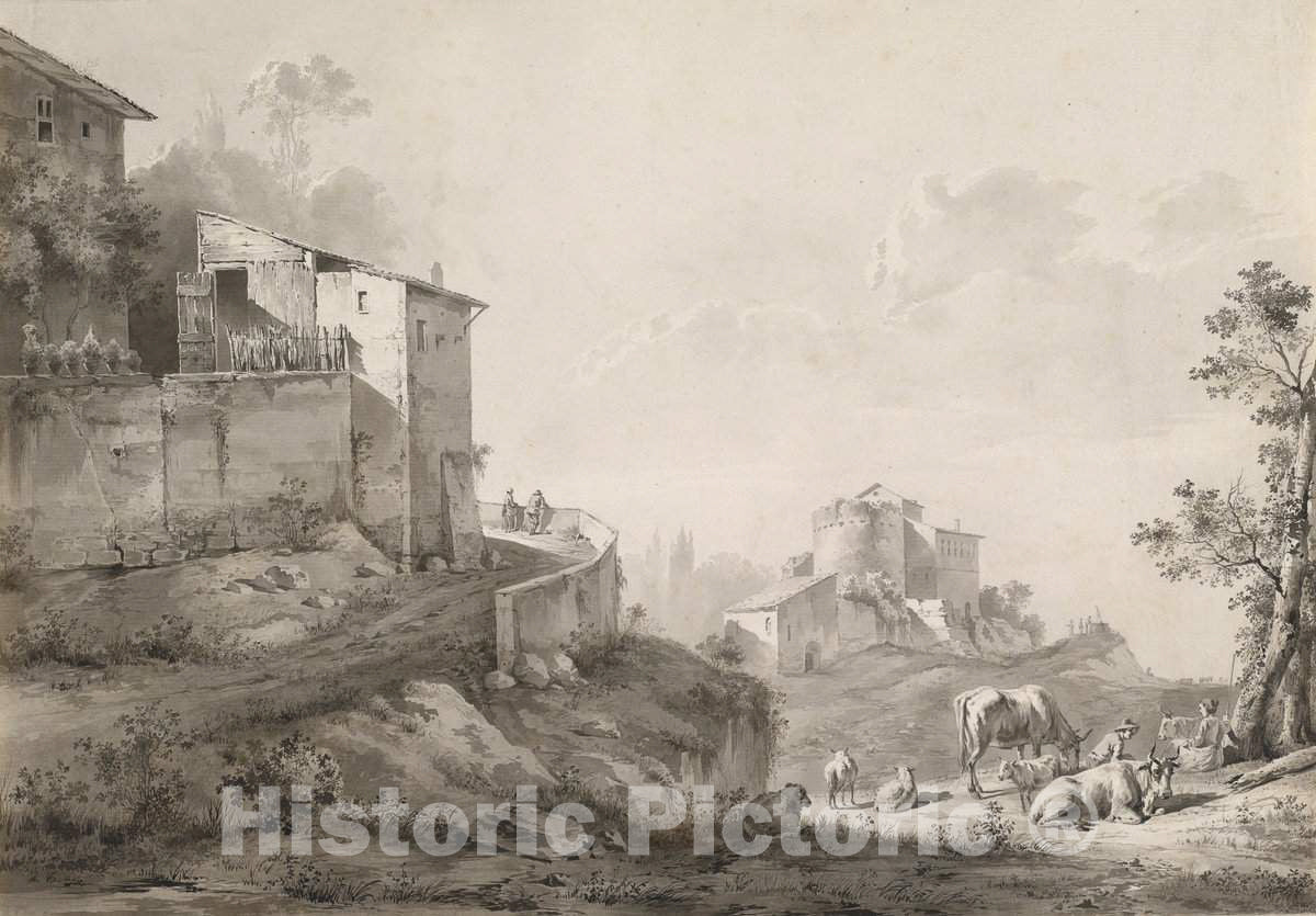 Art Print : Jacques de Boissieu, A Sunlit Landscape with Hilltop Houses, c. 1782 - Vintage Wall Art