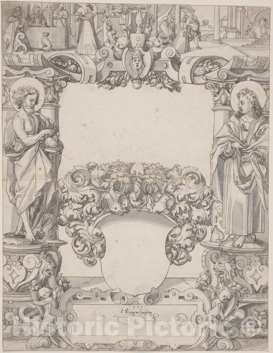 Art Print : Hans Kaspar Lang, Glass Design with Saint John The Baptist and Saint John The Evangelist, 1595 - Vintage Wall Art