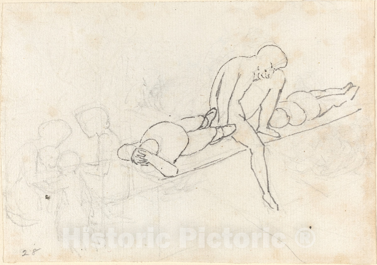 Art Print : John Flaxman, Seated Man Flanked by Two Reclining Figures; Huddle of Figures in Lower Left Corner, c. 1790 - Vintage Wall Art