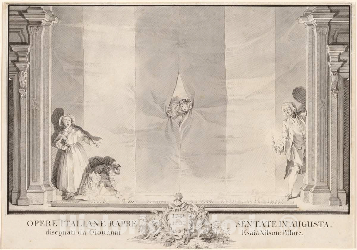 Art Print : Johann Esaias Nilson, Two Actors Peeking Through a Theater Curtain While Others Prepare The Footlights - Vintage Wall Art