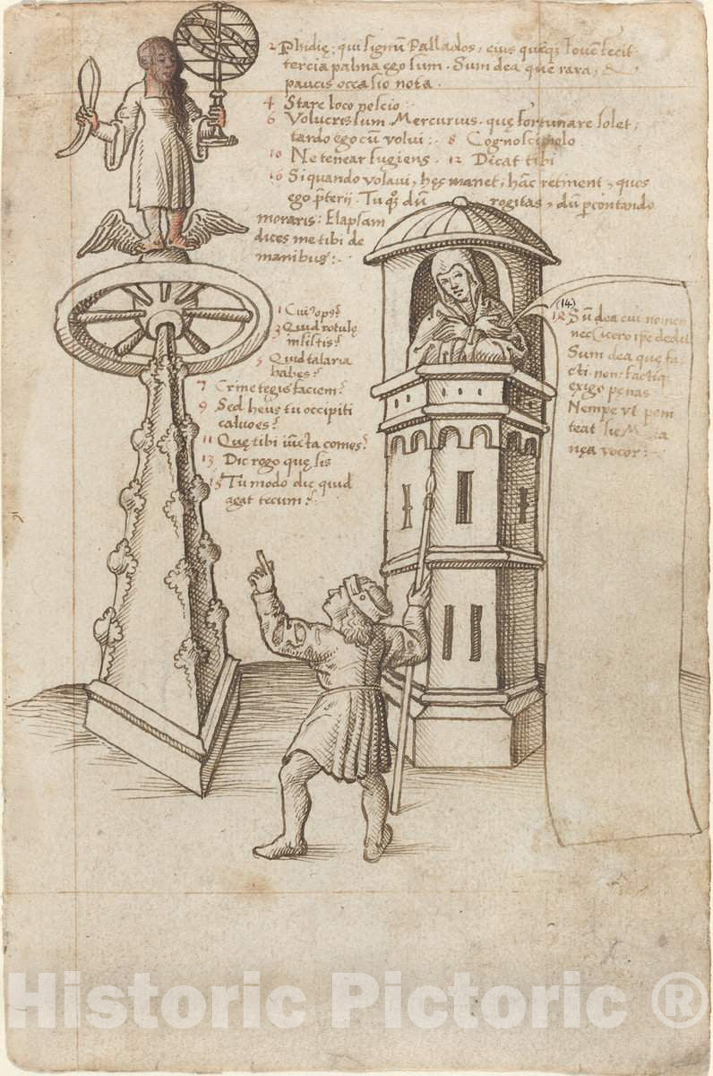 Art Print : The Statue of Opportunity, a Passer-by, and Remorse [FOL. 8r], c.1514 - Vintage Wall Art