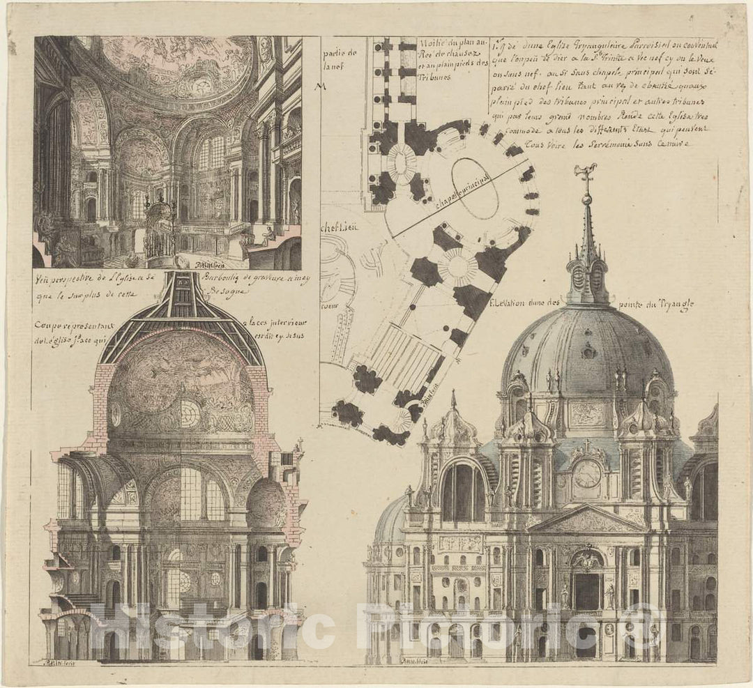 Art Print : Pierre Varin, Three Views and a Plan of a Triangular Parish Church, c. 1750 - Vintage Wall Art