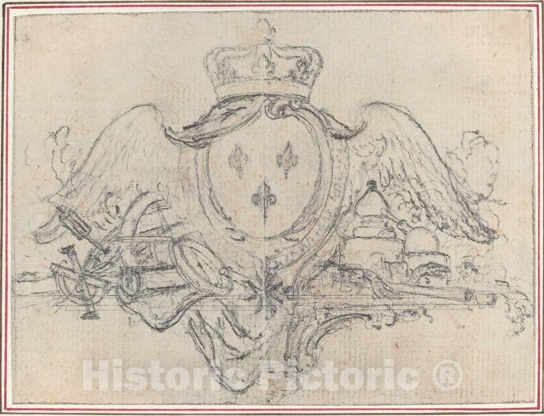 Art Print : Hubert FranÃ§ois Gravelot, Arms of The King of France with Wings and Scientific Instruments - Vintage Wall Art