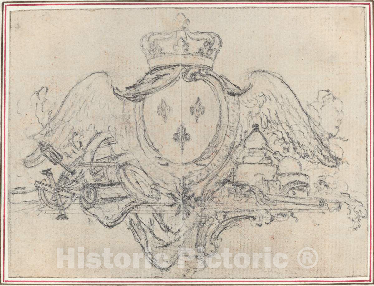 Art Print : Hubert FranÃ§ois Gravelot, Arms of The King of France with Wings and Scientific Instruments - Vintage Wall Art