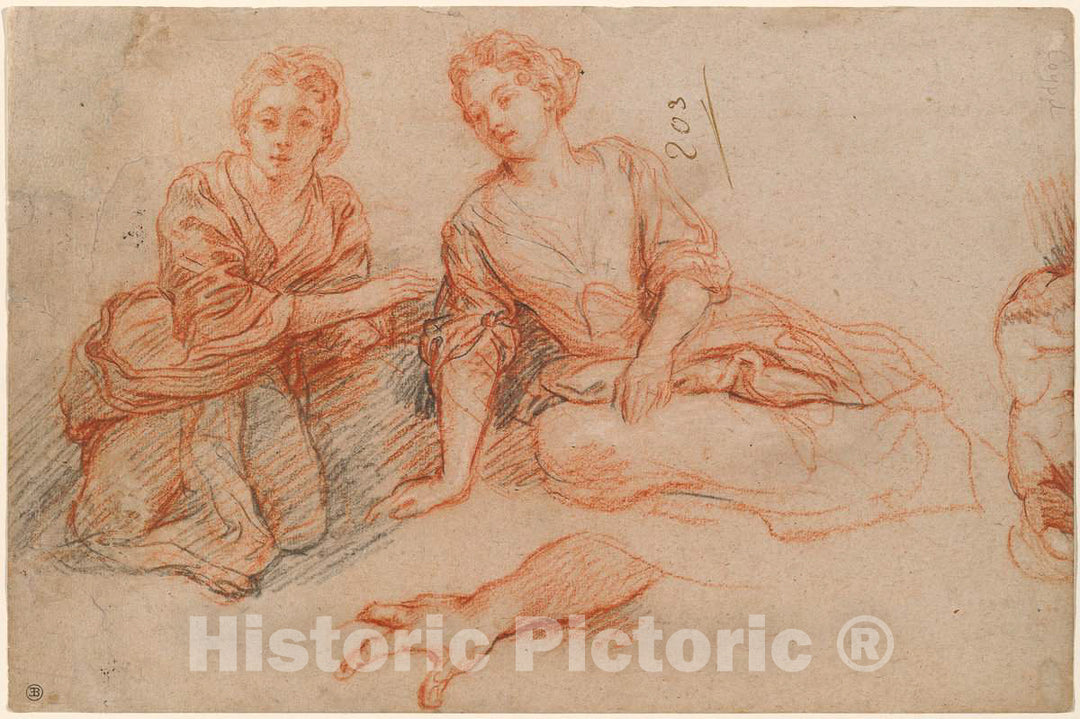 Art Print : Charles de La Fosse, Two Young Women Seated on The Ground [Recto], c. 1698 - Vintage Wall Art