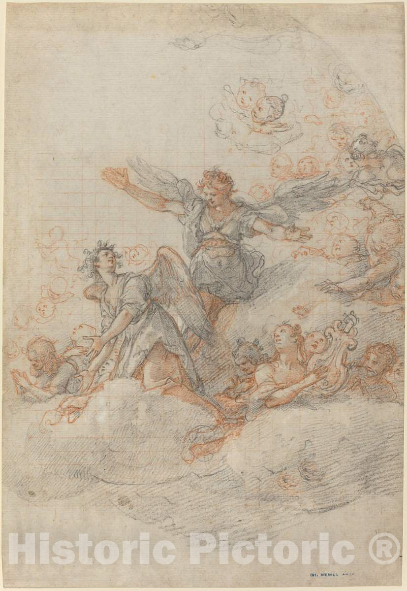 Art Print : Federico Zuccaro, Angels and Putti in The Clouds, 1566 - Vintage Wall Art