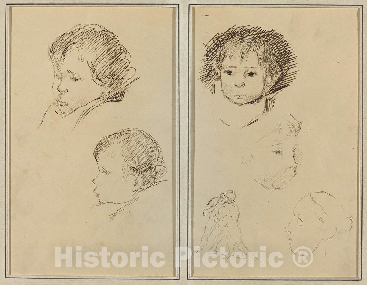 Art Print : Paul Gauguin, Five Studies of Heads; A Boy in Profile with Studies of Hands and Feet [Verso], 1884-1888 - Vintage Wall Art