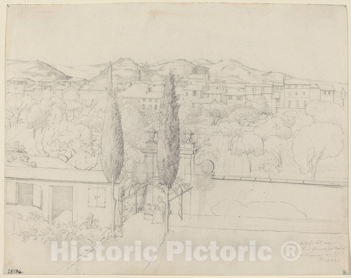 Art Print : Anton KrÃ¼ger, Aussicht aus Meinem Fenster, via valfonda in Florenz (Gardens in Florence Seen from The Artist's Window), 1821 - Vintage Wall Art