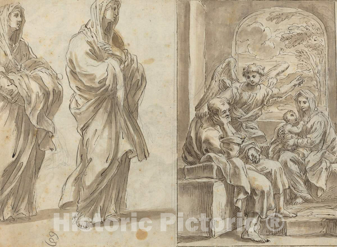 Art Print : Angelo Marullo, Two Draped Female Figures; Rest on The Flight into Egypt [Verso] - Vintage Wall Art