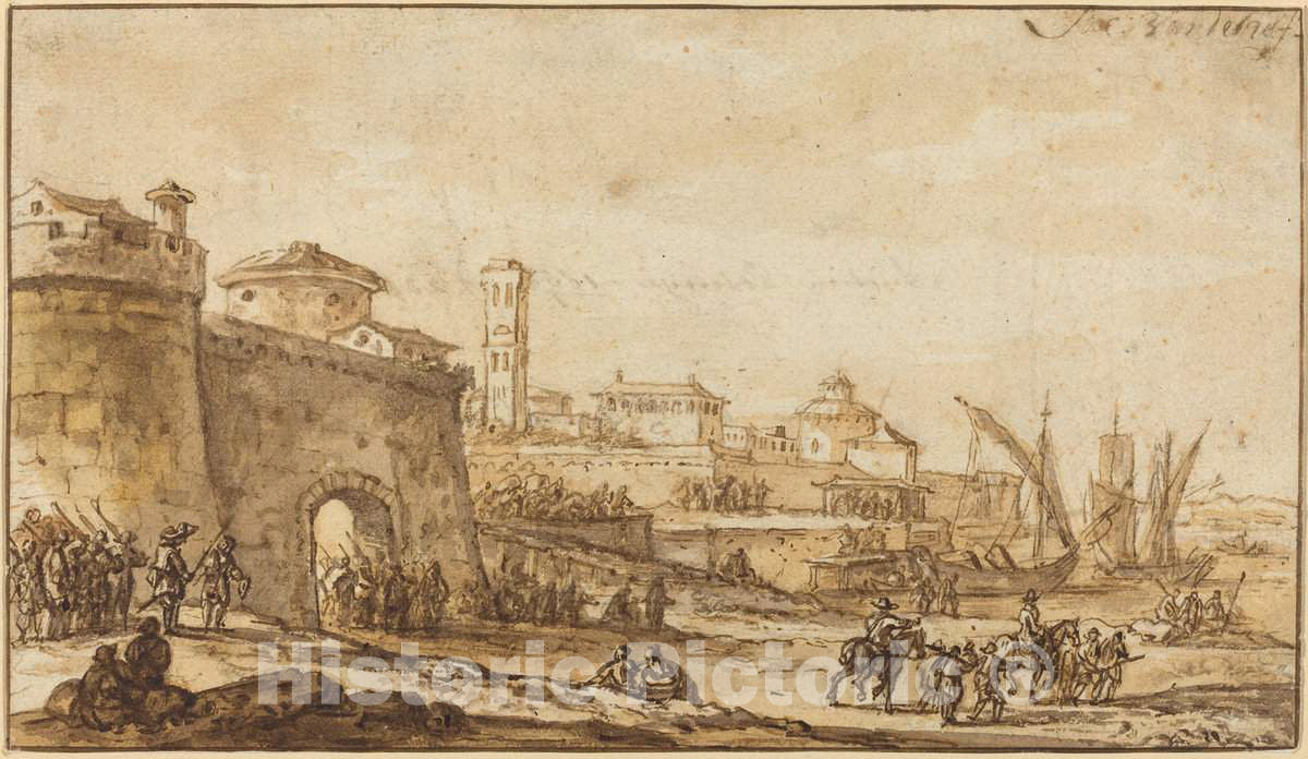 Art Print : Jacob Van der Ulft, A Coastal Scene with a Fortified Town, c. 1670 - Vintage Wall Art