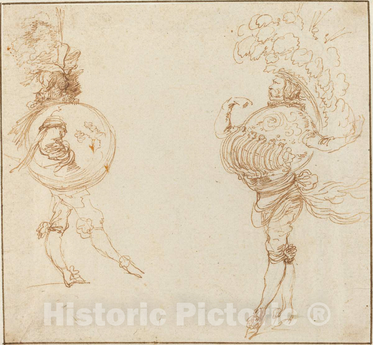 Art Print : Stefano Della Bella, Two Men in Masquerade Costumes: The Earth and a Parade Helmet, c. 1645 - Vintage Wall Art