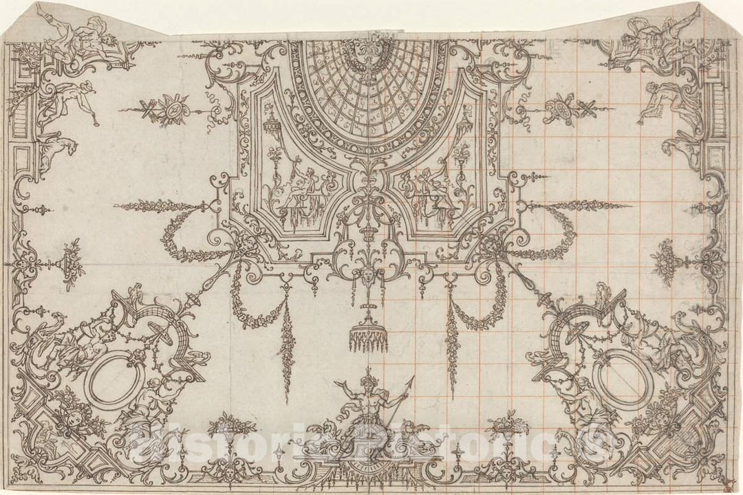 Art Print : Jean BÃ©rain, an Elaborate Ceiling with Trellises and Seated Figures, c. 1700 - Vintage Wall Art