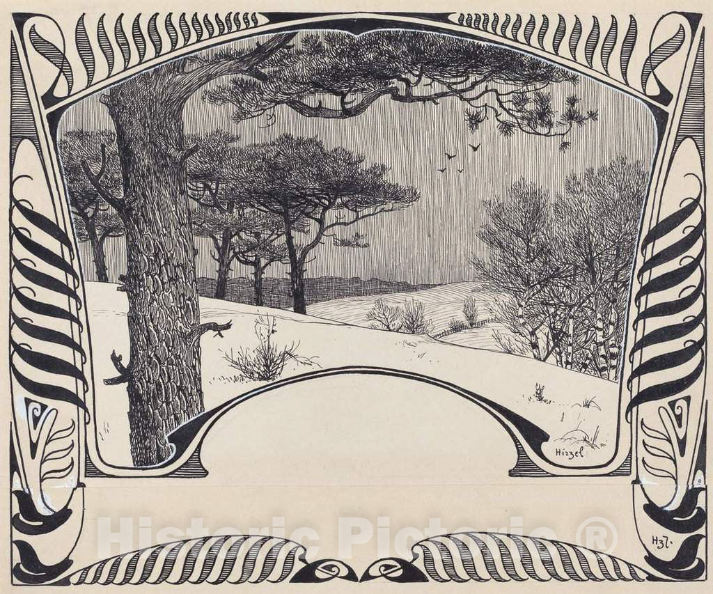 Art Print : Hermann Hirzel, A Winter Landscape Within a Jugendstil Border, 1902 - Vintage Wall Art