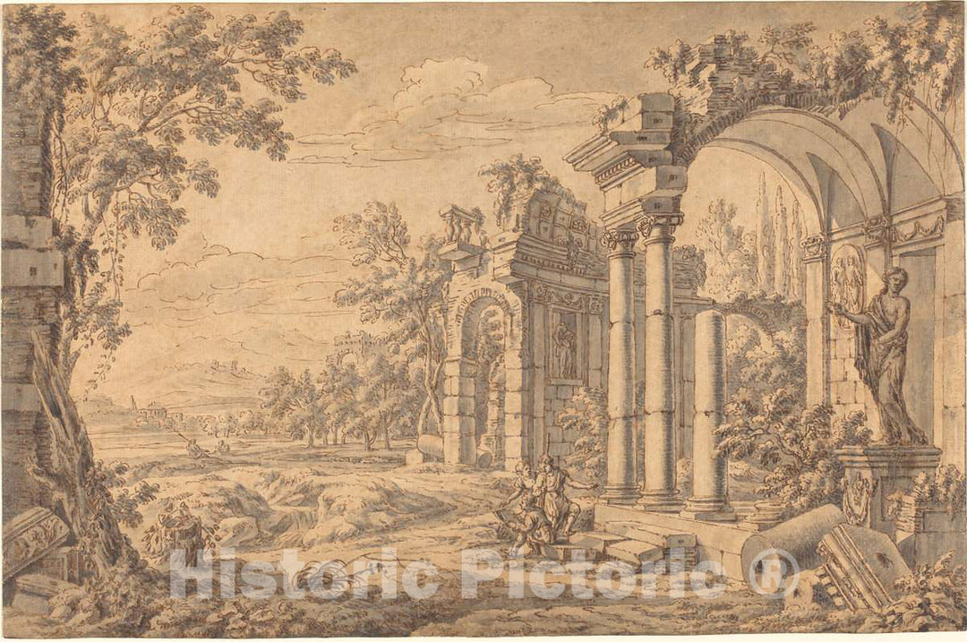 Art Print : Johann Oswald Harms, Landscape with a Draftsman Among Ancient Ruins, 1670s - Vintage Wall Art