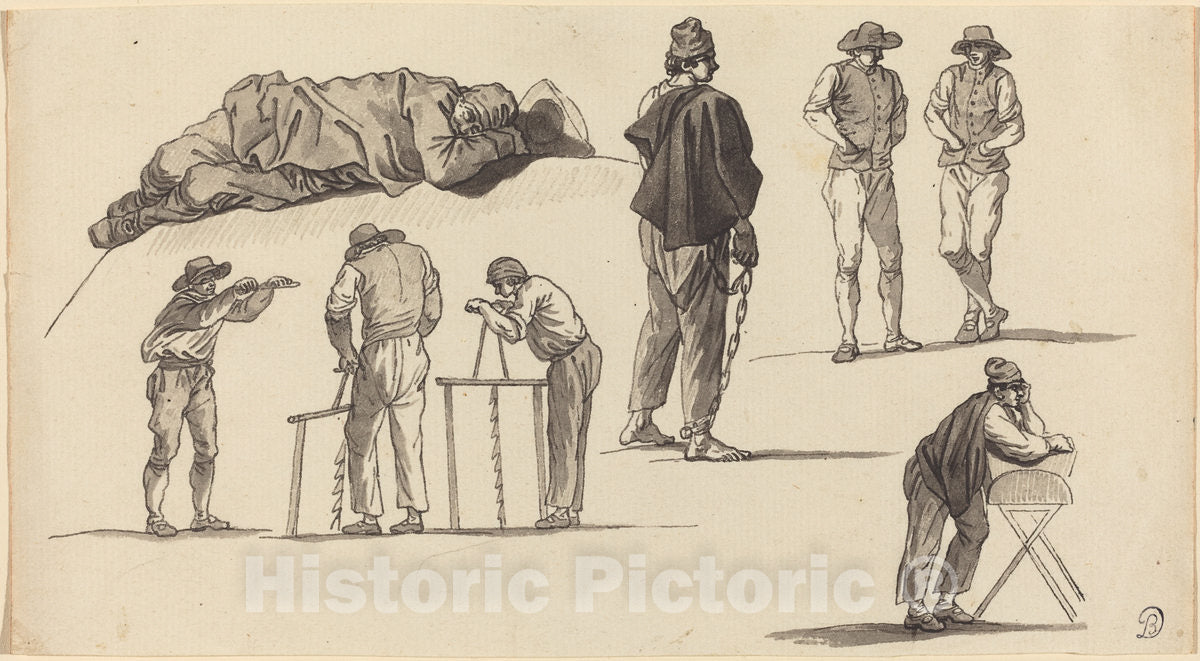 Art Print : Claude-Joseph Vernet, Figure Studies, Including One Man Sleeping on The Ground and Two Men Sawing - Vintage Wall Art