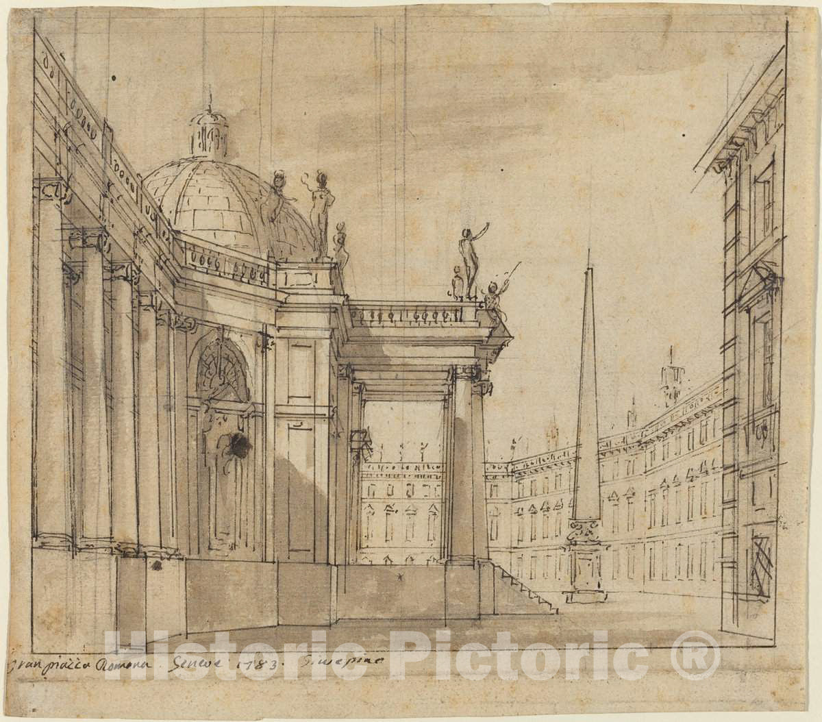 Art Print : Giuseppino Galliari, Stage Design: A Piazza with a Domed Church and an Obelisk, 1783 - Vintage Wall Art