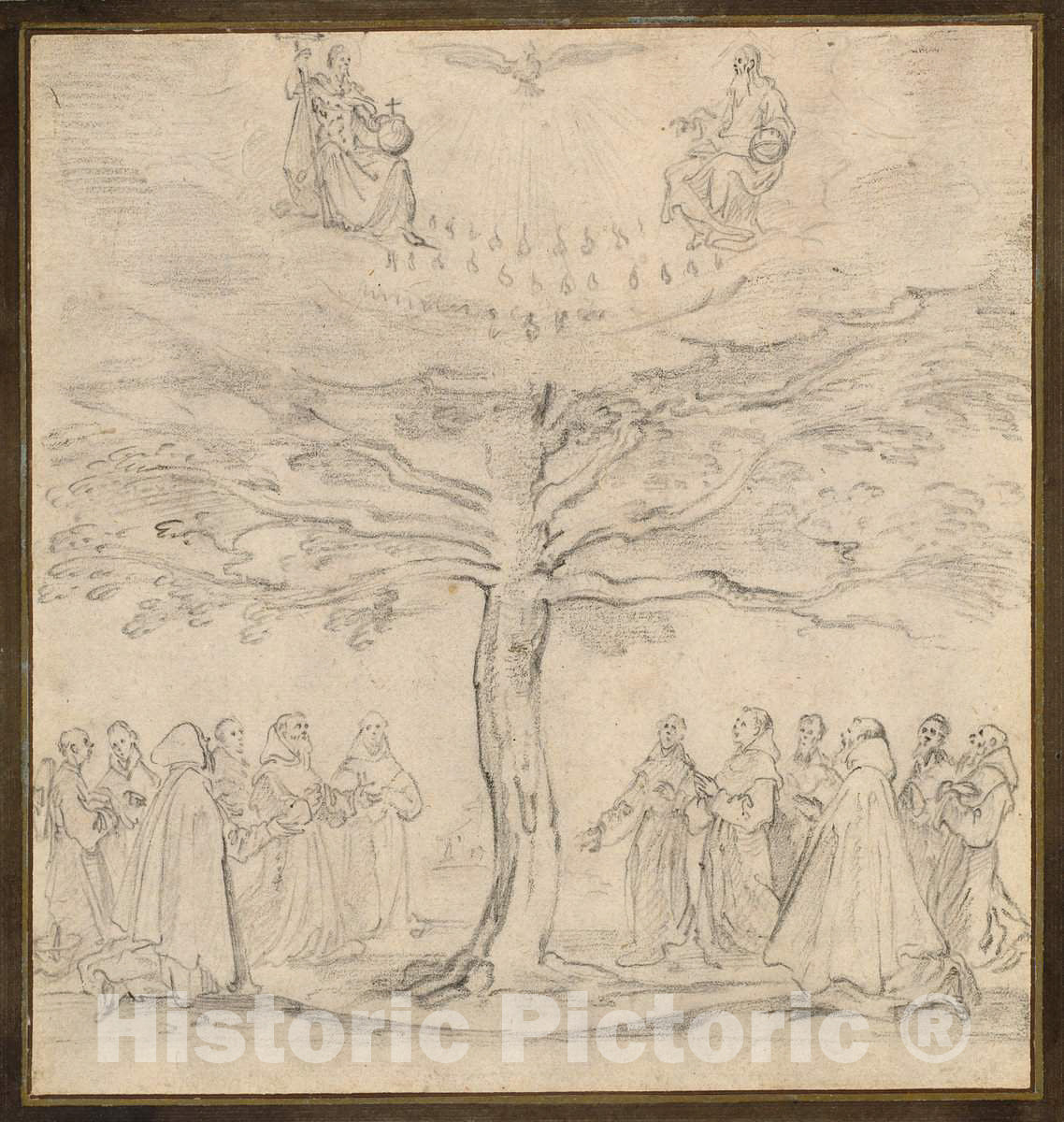 Art Print : Jacques Callot, The Holy Trinity in The Tree of Life Adored by Franciscans, c. 1625 - Vintage Wall Art