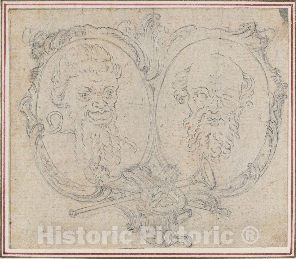 Art Print : Hubert FranÃ§ois Gravelot, Double Cartouche with Two Heads and Symbols of Fame and Folly - Vintage Wall Art