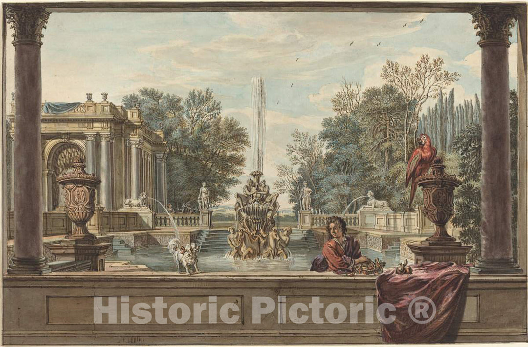 Art Print : Isaac de Moucheron, an Italianate Garden with a Parrot, a Poodle, and a Man, 1730s - Vintage Wall Art