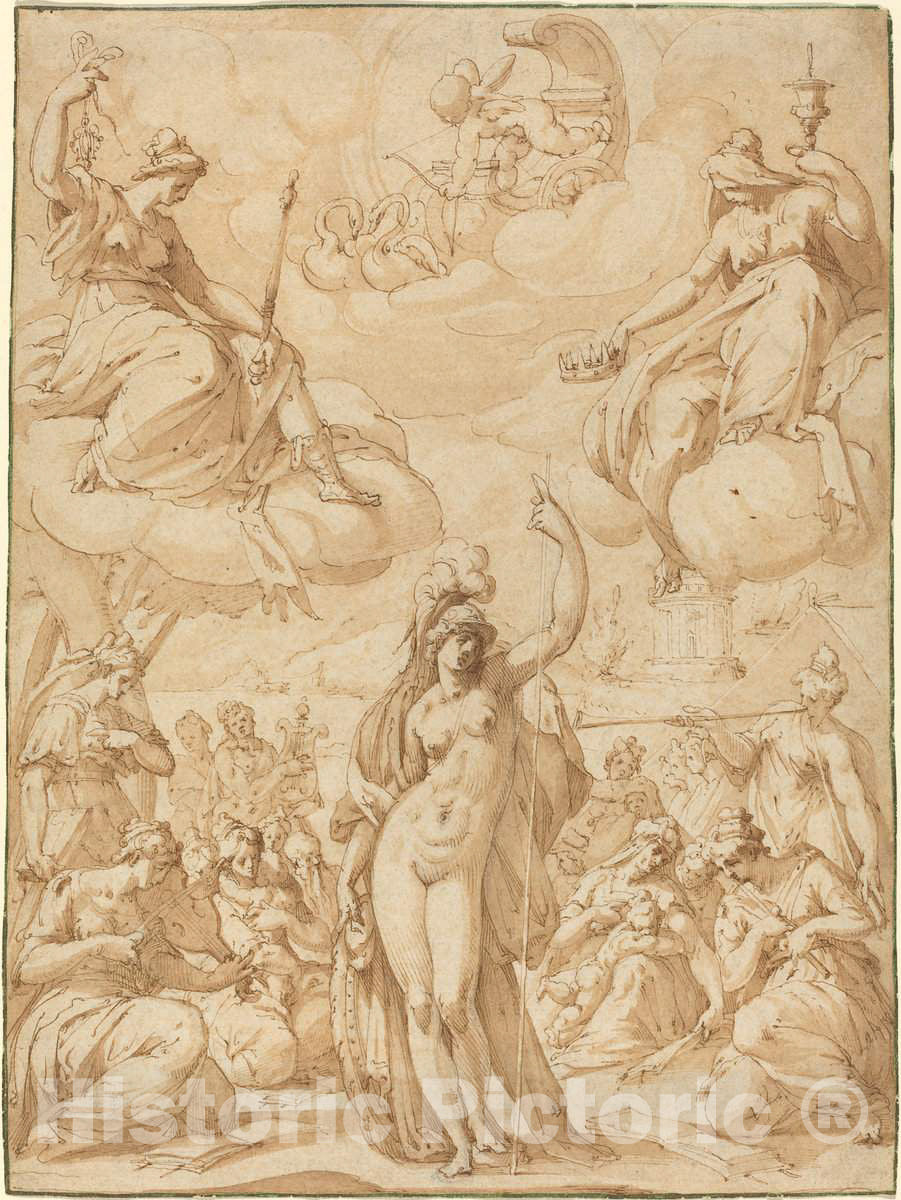 Art Print : Hans Speckaert, Allegory of Minerva as The Head of The Muses, in or Before 1575 - Vintage Wall Art