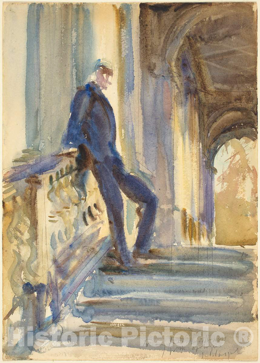 Art Print : John Singer Sargent, Sir Neville Wilkinson on The Steps of The Palladian Bridge at Wilton House, c.1905 - Vintage Wall Art