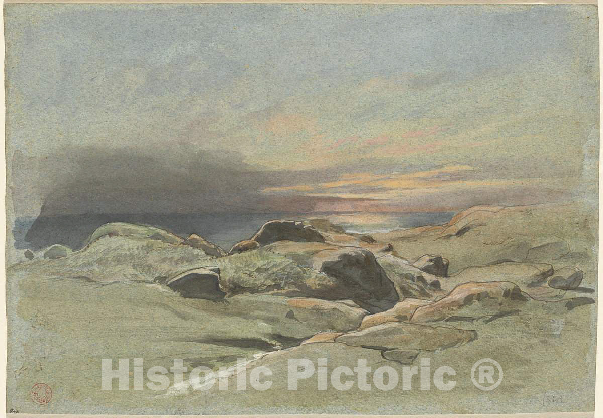 Art Print : Jean Achille Benouville, Sunset from a Rocky Coastline, 1842 - Vintage Wall Art