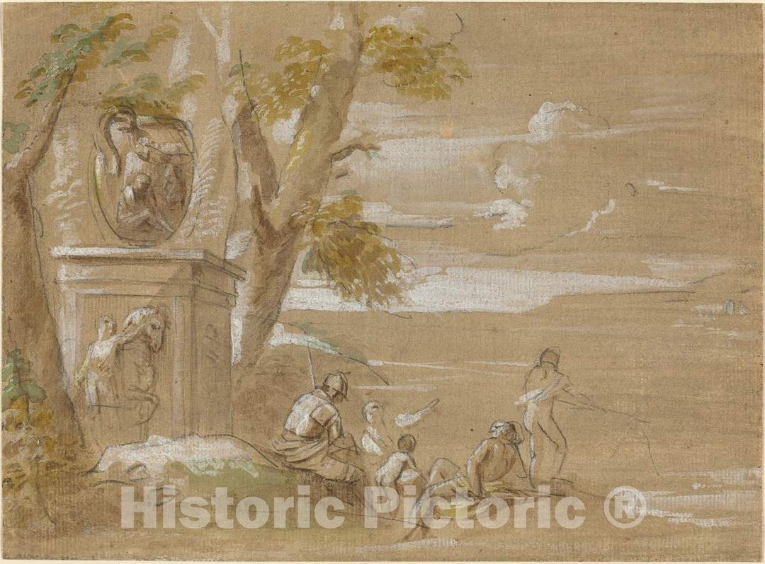 Art Print : Antonio Visentini, A Landscape with Seated Soldiers and Fishermen - Vintage Wall Art