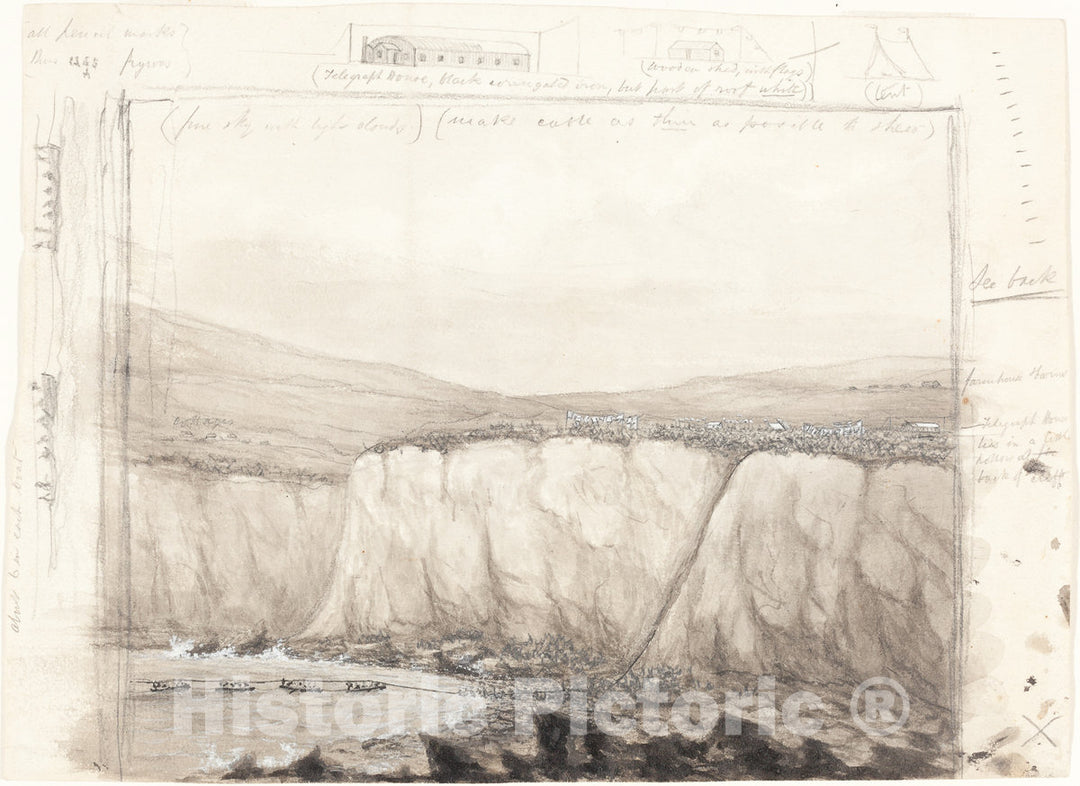 Art Print : Sketch of Boats Near a Cliff, mid 19th Century - Vintage Wall Art