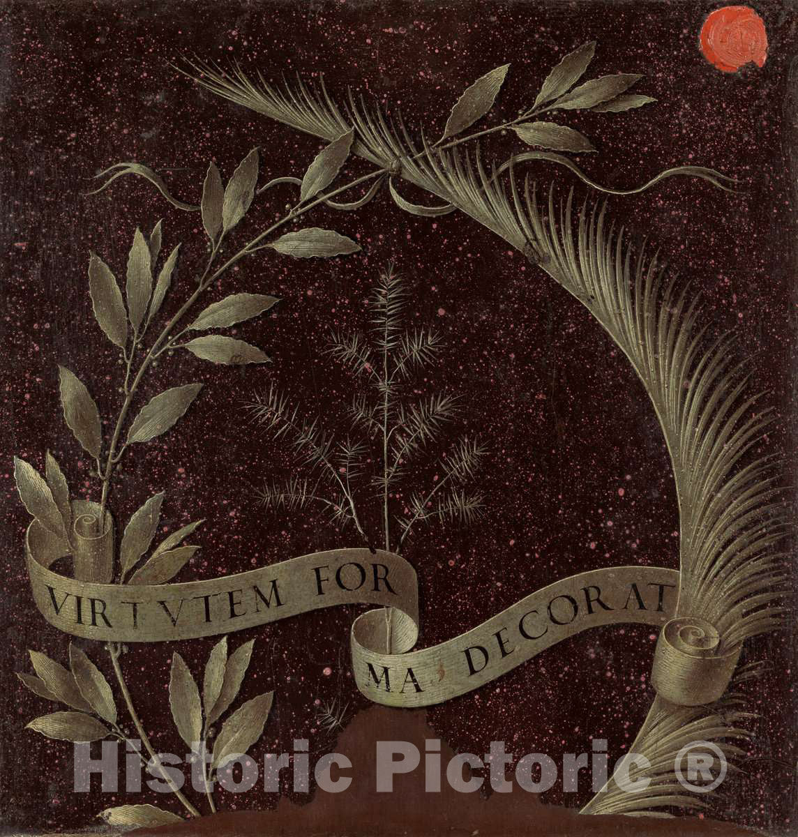 Art Print : Leonardo da Vinci, Wreath of Laurel, Palm, and Juniper with a Scroll inscribed Virtutem Forma Decorat [Reverse], c.1476 - Vintage Wall Art