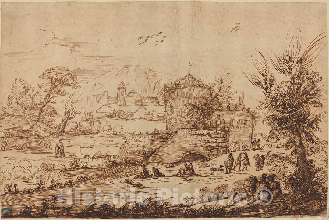 Art Print : Barbieri, Called Guercino, Landscape with Fortress and River, 18th Century - Vintage Wall Art