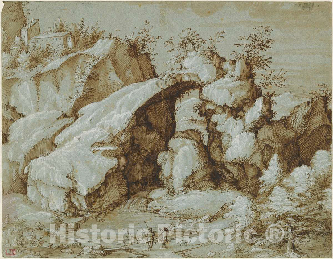 Art Print : Gherardo Cibo, Rocky Landscape with a Natural Arch, c. 1575 - Vintage Wall Art