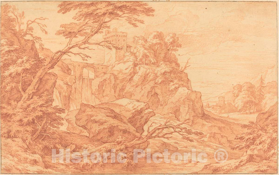 Art Print : Adriaen Frans Boudewyns, A Rocky Landscape with a Stone Tower and a Waterfall - Vintage Wall Art