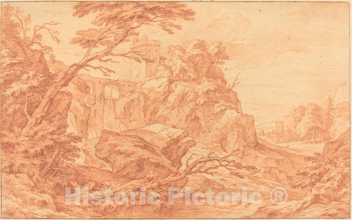 Art Print : Adriaen Frans Boudewyns, A Rocky Landscape with a Stone Tower and a Waterfall - Vintage Wall Art