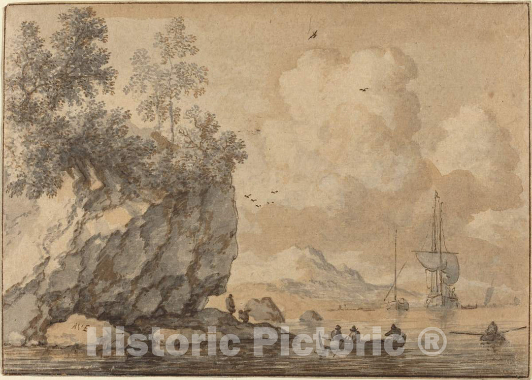 Art Print : Allart Van Everdingen, Figures in Rowing Boats in a Rocky Cove, Sailing Ships Beyond - Vintage Wall Art