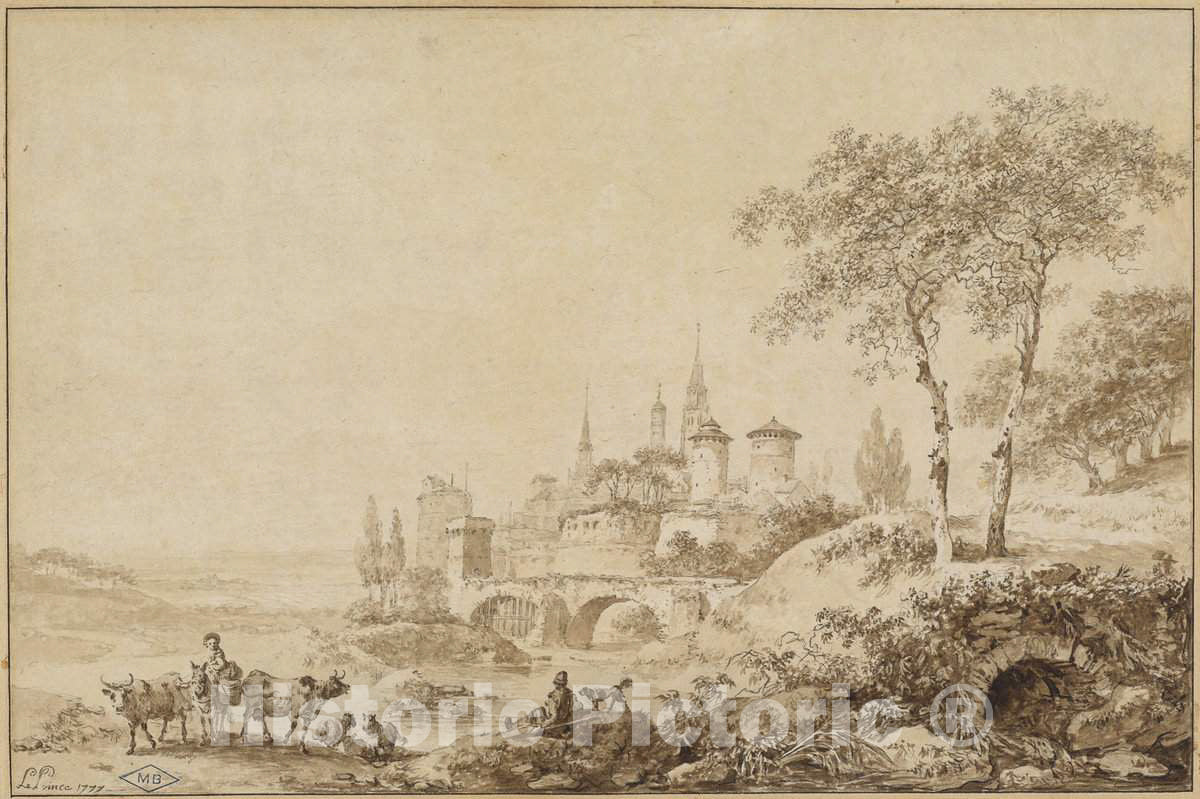 Art Print : Baptiste Le Prince, Shepherds in a Landscape Before a Fortified Town, 1777 - Vintage Wall Art