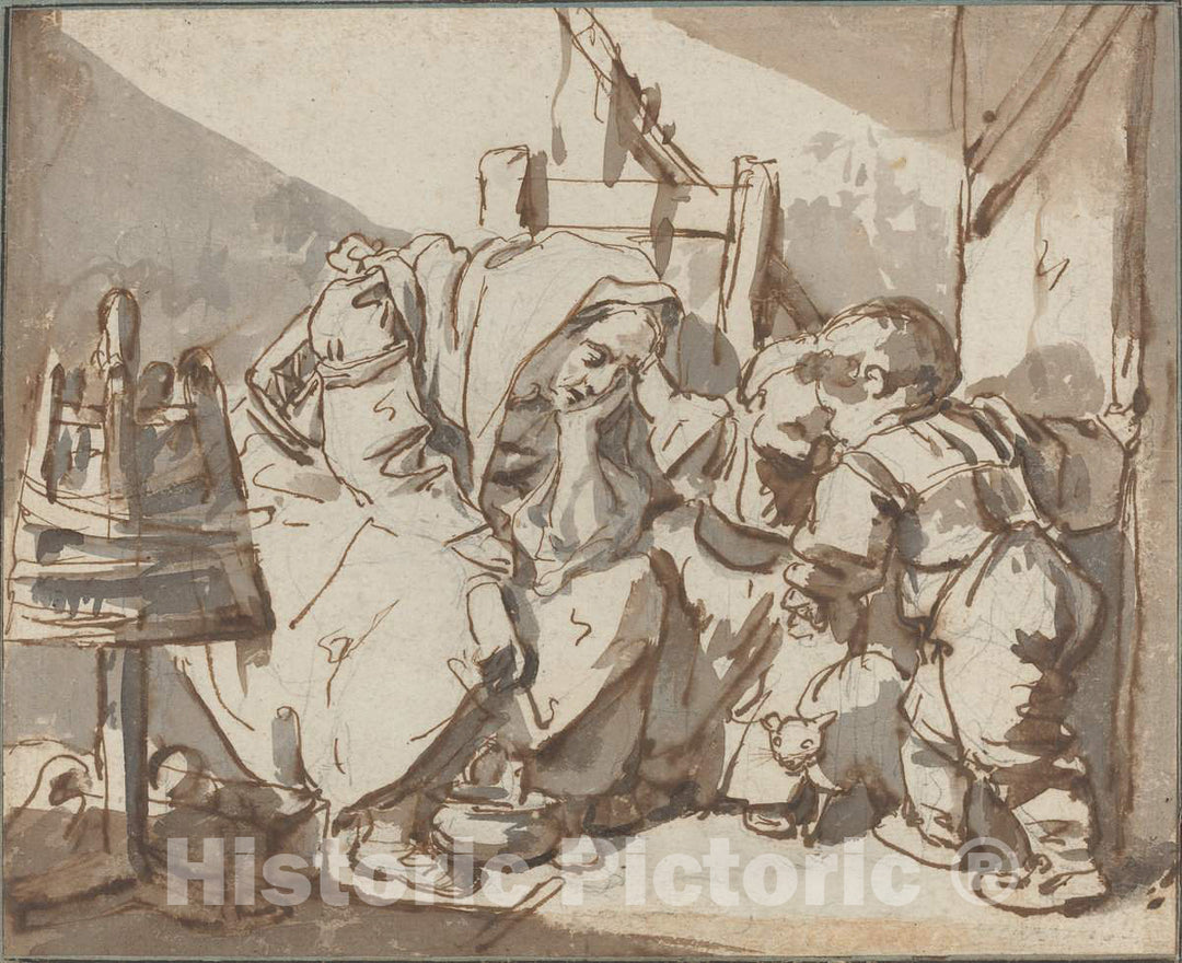 Art Print : Baptiste Greuze, A Tired Woman with Two Children, c.1756 - Vintage Wall Art