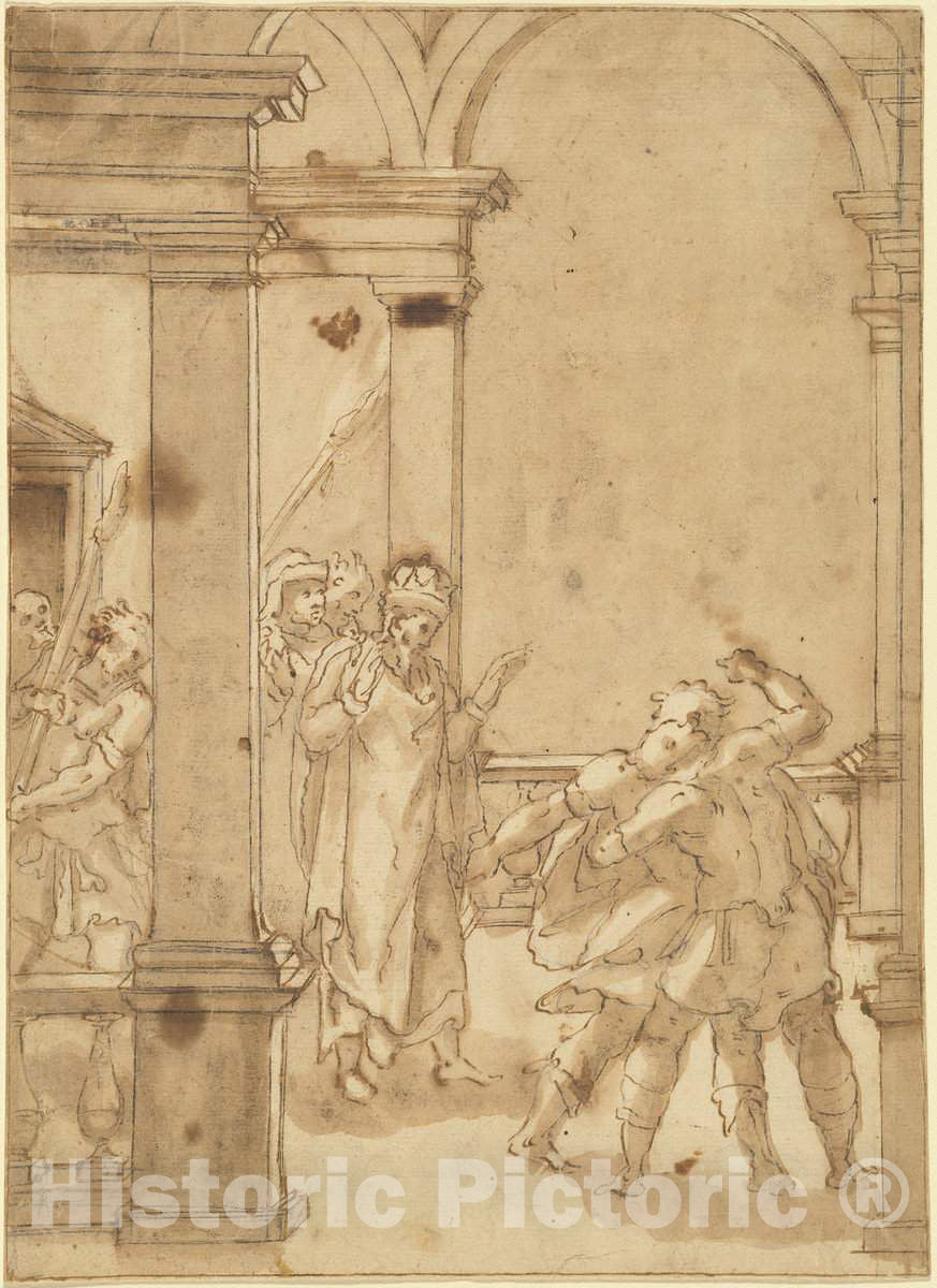 Art Print : Cesare Nebbia, Two Figures Struggling Before a King, c.1568 - Vintage Wall Art