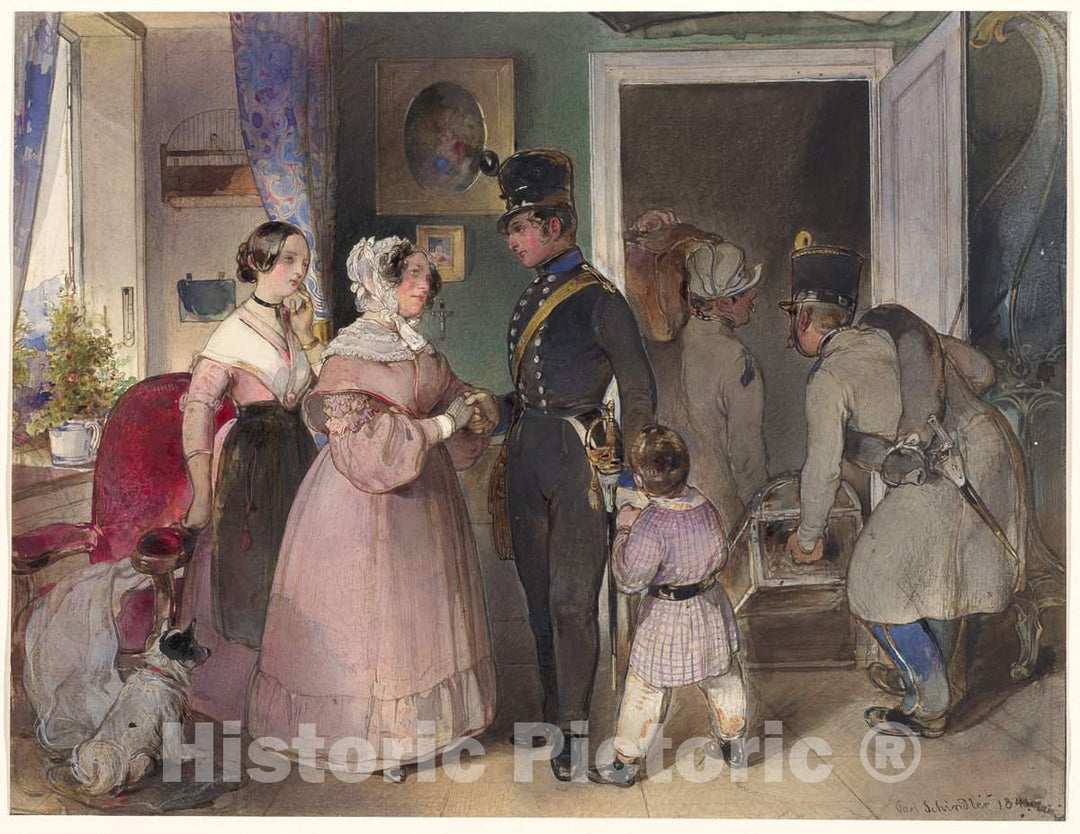 Art Print : Carl Schindler, A Young Officer Saying Farewell to His Family, 1841 - Vintage Wall Art